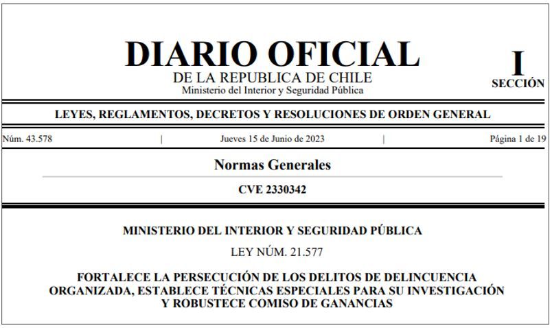 SE PUBLICA LEY N°21.577 QUE MODERNIZA LA LEGISLACIÓN PENAL EN MATERIA DE CRIMEN ORGANIZADO