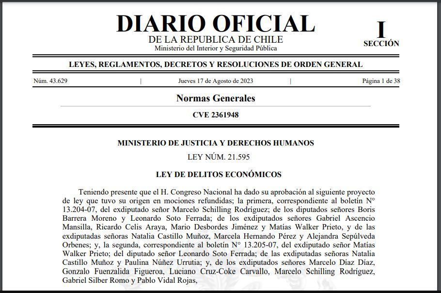 NTRA EN VIGENCIA LA LEY N°21.595 DE DELITOS ECONÓMICOS