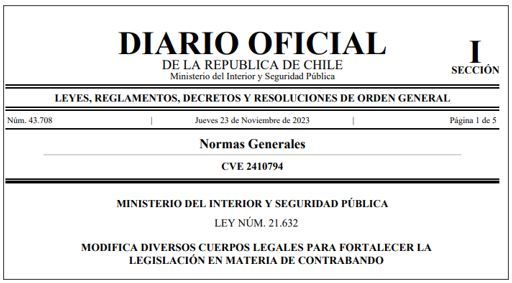 SE PUBLICA LEY N°21.632 QUE ESTABLECE EL DELITO DE CONTRABANDO DE DINERO