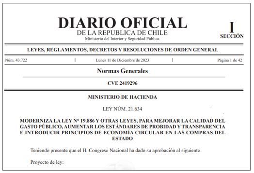 SE OFICIALIZA LEY N°21.634 QUE AUMENTA LA PROBIDAD Y TRANSPARENCIA DE LAS COMPRAS DEL ESTADO