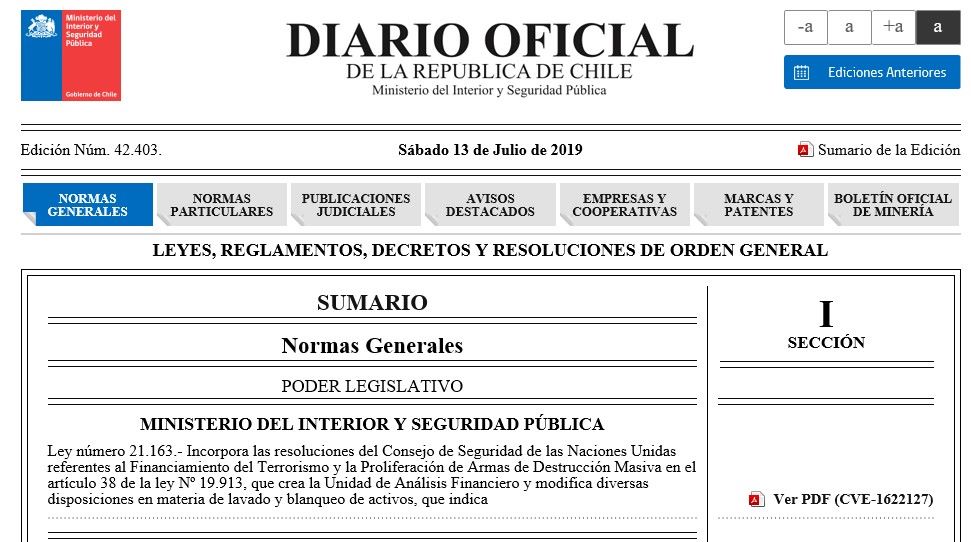 LEY N°21.163 INCLUYE RESOLUCIONES DEL CSNU SOBRE FINANCIAMIENTO DEL TERRORISMO Y PROLIFERACIÓN DE ARMAS DESTRUCCIÓN MASIVA EN ART 38 DE LEY N°19.9
